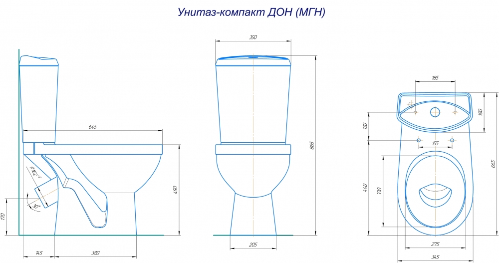 Унитаз-компакт Rosa "ДОН" (белый, выпуск косой, с 2-х реж. арматурой, креплен. и сиденьем, высота от пола до сиденья 450 мм!!!) г.Киров