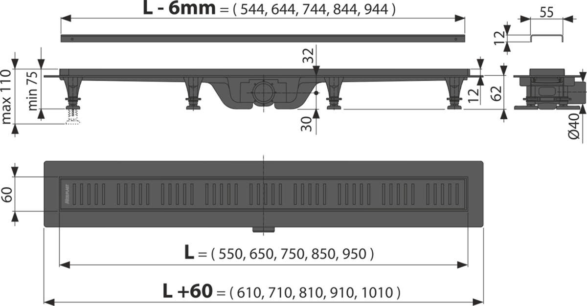 Водоотводящий желоб ALCAPLAST с решеткой из нерж. APZ10BLACK-750M ЧЕРНЫЙ (AG101101750) Чехия