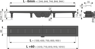 Водоотводящий желоб ALCAPLAST с решеткой из нерж. APZ10BLACK-750M ЧЕРНЫЙ (AG101101750) Чехия