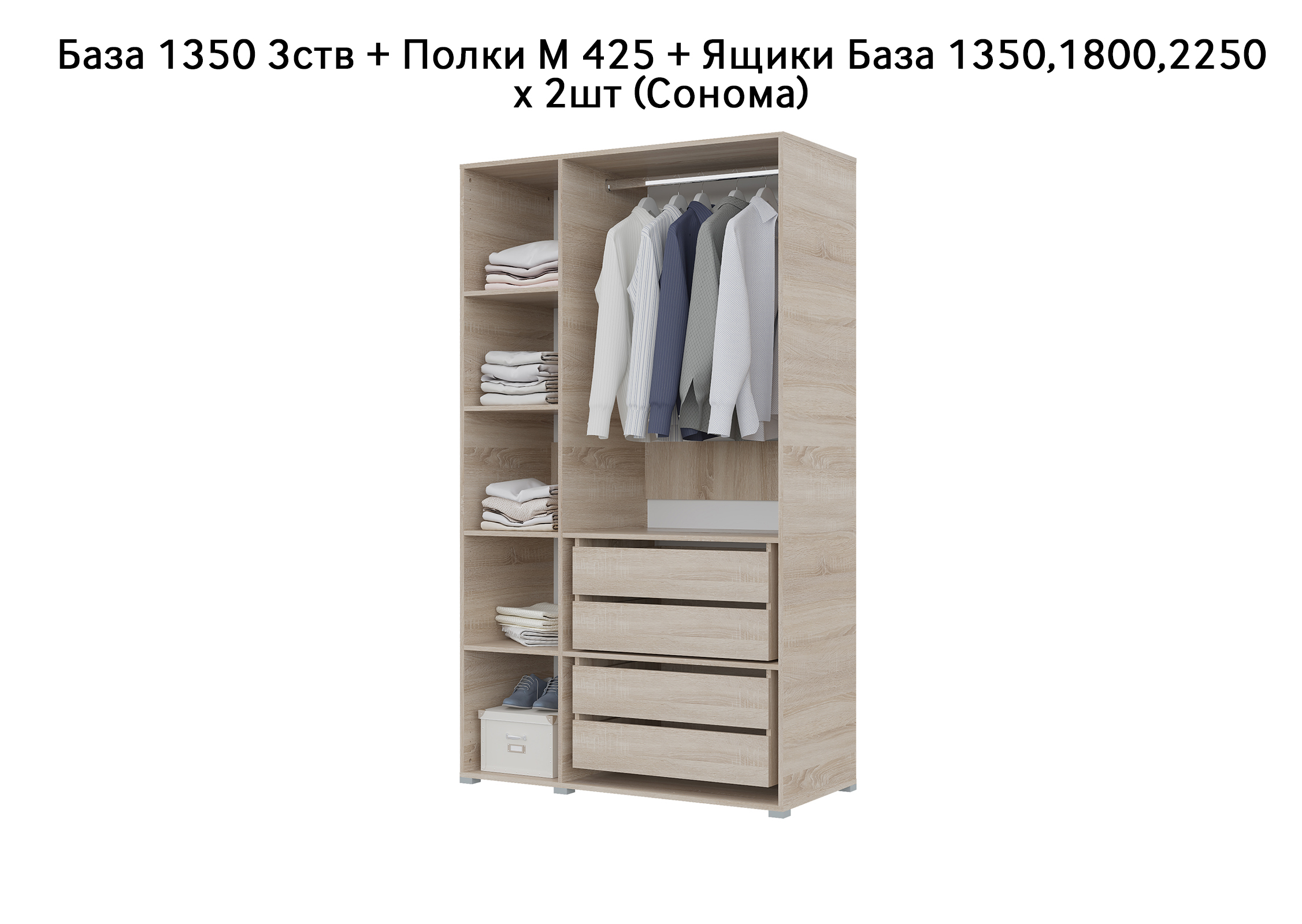 База Шкаф "Бостон" 1350 3 ств (Сонома) (Боковина 3/4 ств, Крыша 1350/3, Фурнитура 3 ств) (3 места)