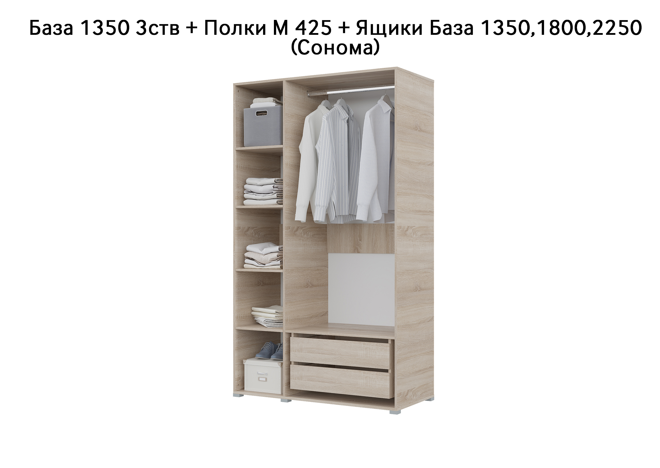База Шкаф "Бостон" 1350 3 ств (Сонома) (Боковина 3/4 ств, Крыша 1350/3, Фурнитура 3 ств) (3 места)