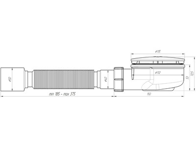 E355VAL Сифон АНИ для душевого поддона АНИ Пласт 1 1/2"*90, h 53мм, с гибкой трубой 375*40*50, вальцовка