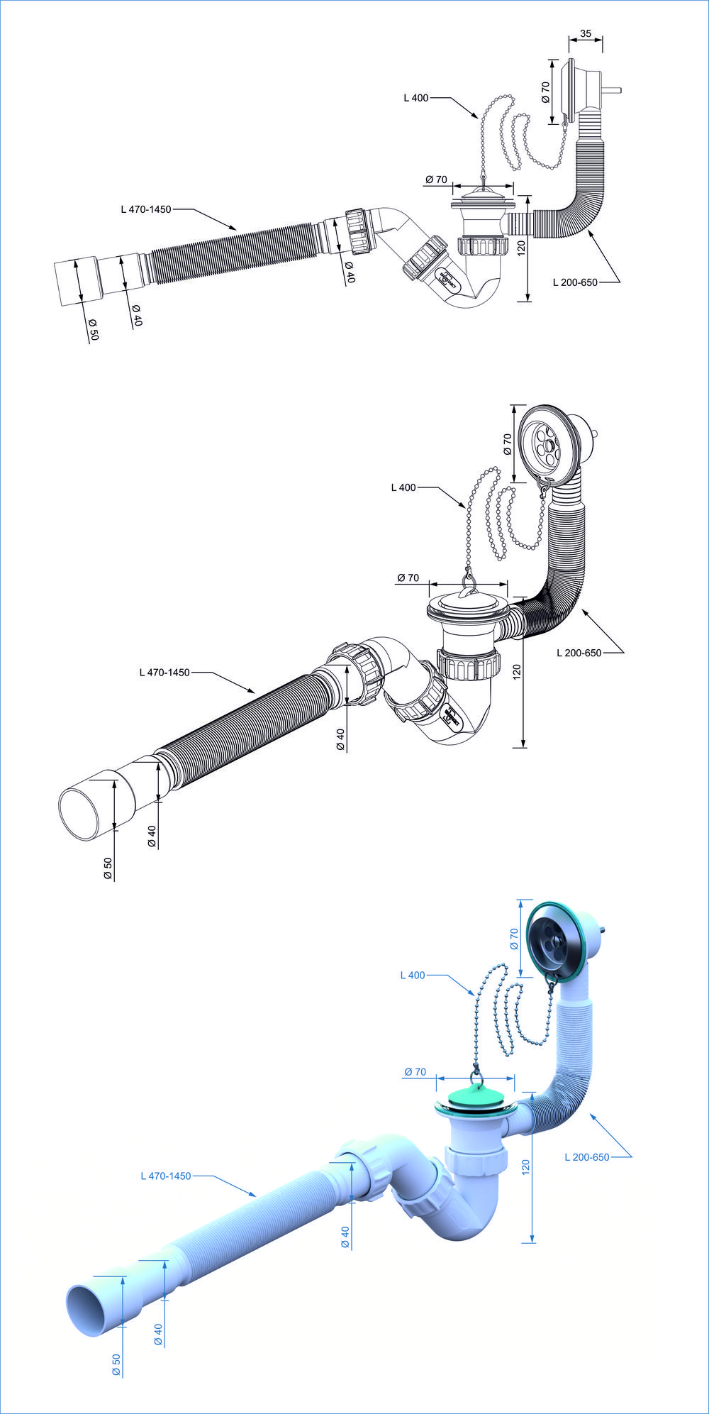 SB01145 Сифон для ванны S-обр. 1 1/2-40 c гофр.трубой 40*40х50 (1450мм.) ИНКОПЛАСТ