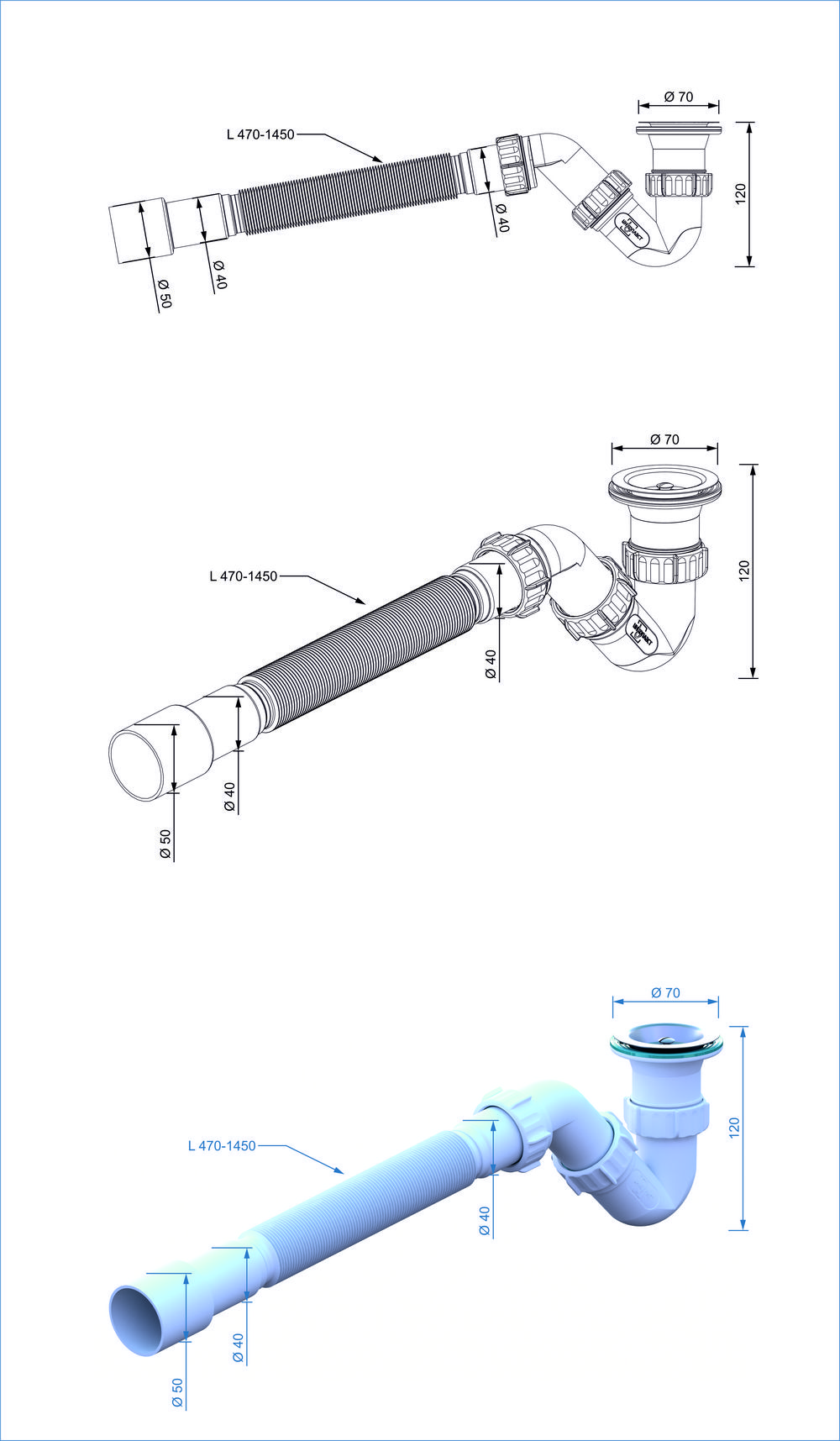 BT80145 Сифон для поддона S-обр. 1 1/2-40 c гофр.трубой 40*40х50 (1450мм.) ИНКОПЛАСТ
