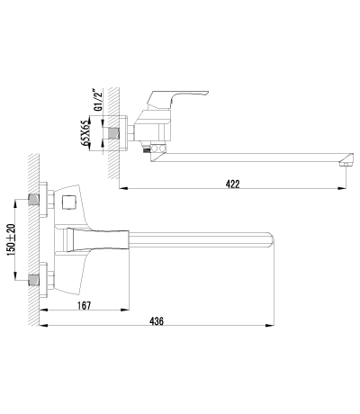 LM4517C Unit Смеситель для ванны, эко-картридж 35мм, плоский излив 350мм, с аксесс-ми, хром LEMARK