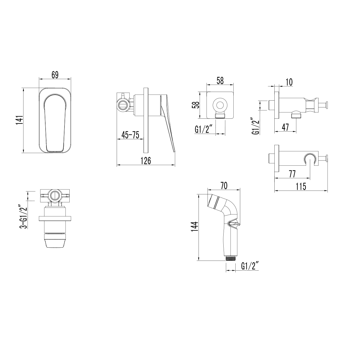 LM3719BL Bronx Смеситель с гигиеническим душем, встраиваемый, черный LEMARK