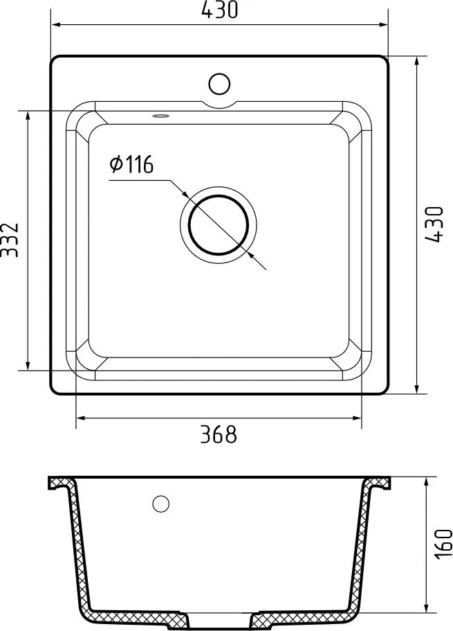 Мойки GRANFEST SMART SM430 (мрамор) 1-чаша 432х432мм ЧЕРНЫЙ (без сифона)