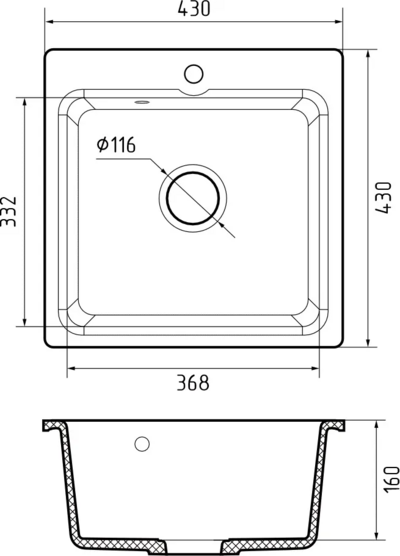 Мойки GRANFEST SMART SM430 (мрамор) 1-чаша 432х432мм ЧЕРНЫЙ (без сифона)