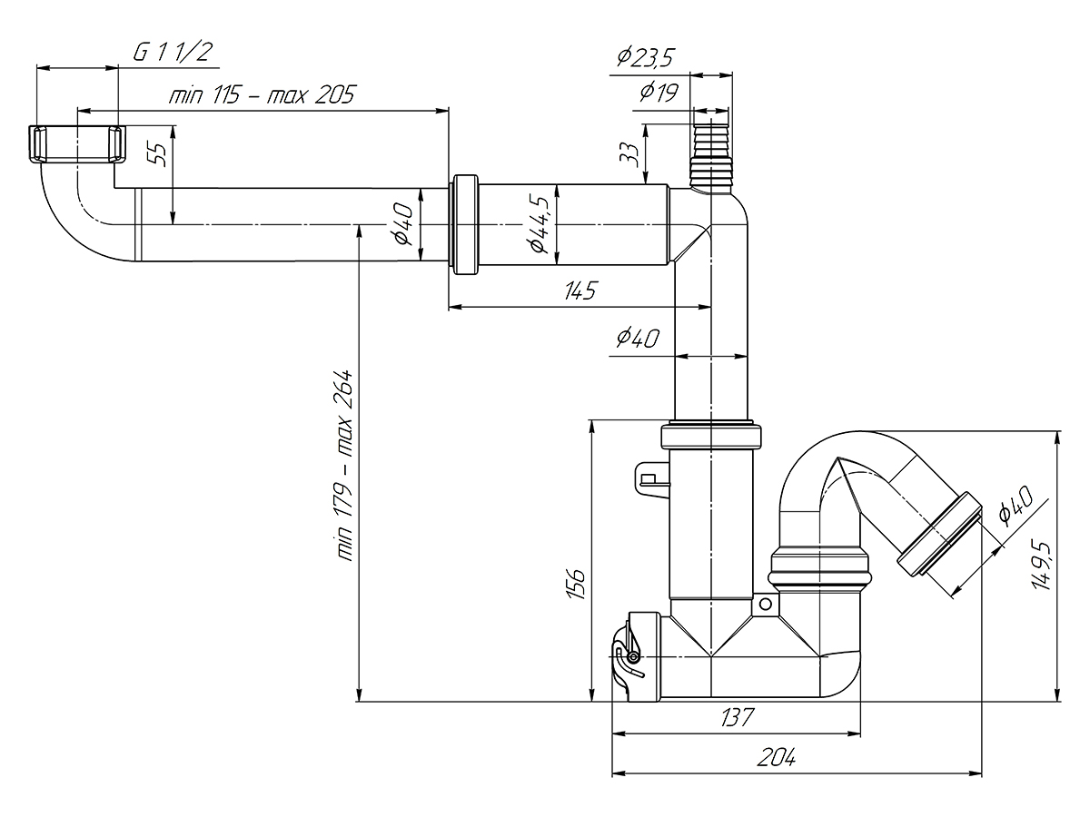 F5320 Сифон Ани 1 1/2 * 40 смещенный с отводом, без выпуска