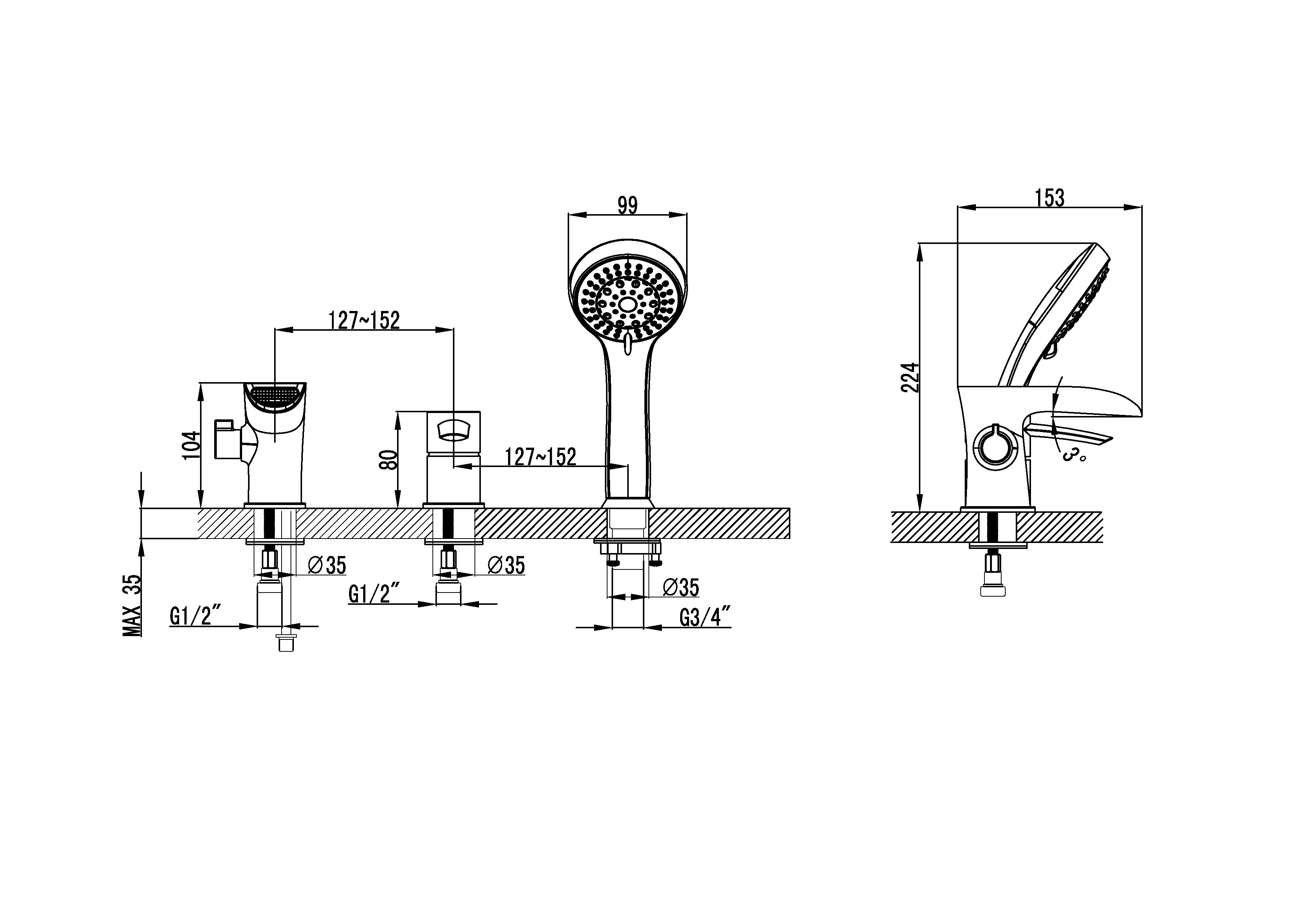 LM3245C Atlantiss Смеситель для ванны встраиваемый, на 3 отверстия, с аксессуарами, хром	LEMARK							