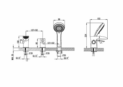 LM3245C Atlantiss Смеситель для ванны встраиваемый, на 3 отверстия, с аксессуарами, хром	LEMARK							