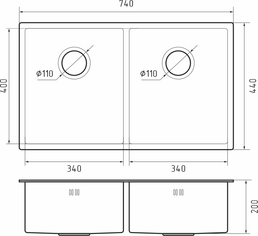 Rivelato Rinox 7444 U2 Мойка нерж.сталь 2 чаши 740*440*200 мм арт.7444 U2