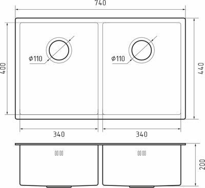 Rivelato Rinox 7444 U2 Мойка нерж.сталь 2 чаши 740*440*200 мм арт.7444 U2