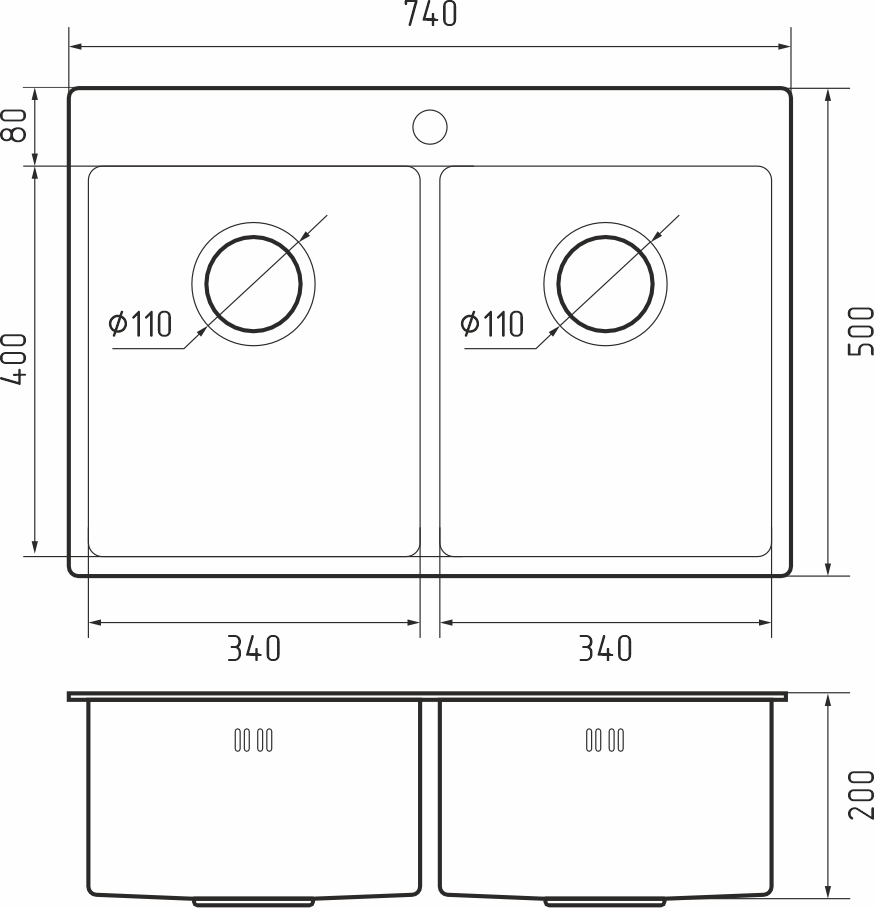 Rivelato Rinox 7450 2В Мойка нерж.сталь 2 чаши 740*500*200 мм арт.7450 2В