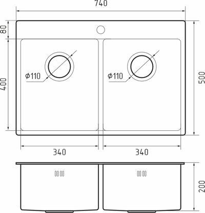 Rivelato Rinox 7450 2В Мойка нерж.сталь 2 чаши 740*500*200 мм арт.7450 2В