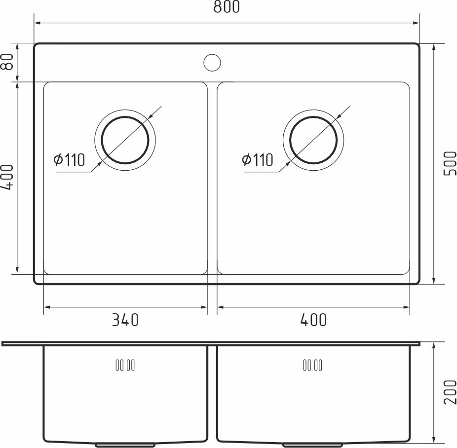 Rivelato Rinox 8050 B2 Мойка нерж.сталь  2 чаши 800*500*200 мм арт.8050 B2