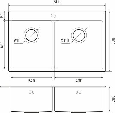 Rivelato Rinox 8050 B2 Мойка нерж.сталь  2 чаши 800*500*200 мм арт.8050 B2