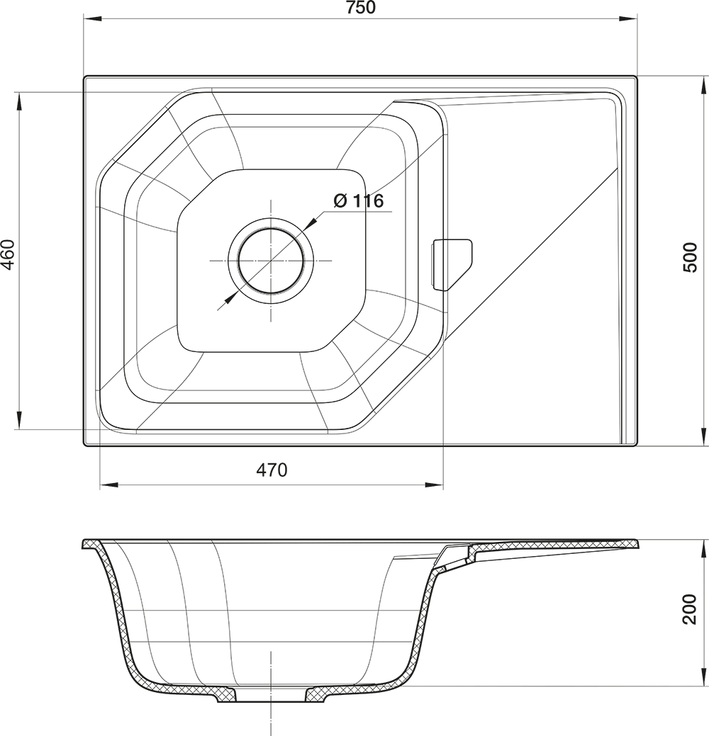 RIVELATO Мойка LOCUS 75  1-чаш 750*500 nero арт.LS-75 nero