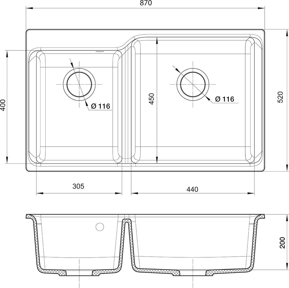 RIVELATO Мойка AXEL 90D  2-чаши 870*520мм antracite арт.X-90D antracite
