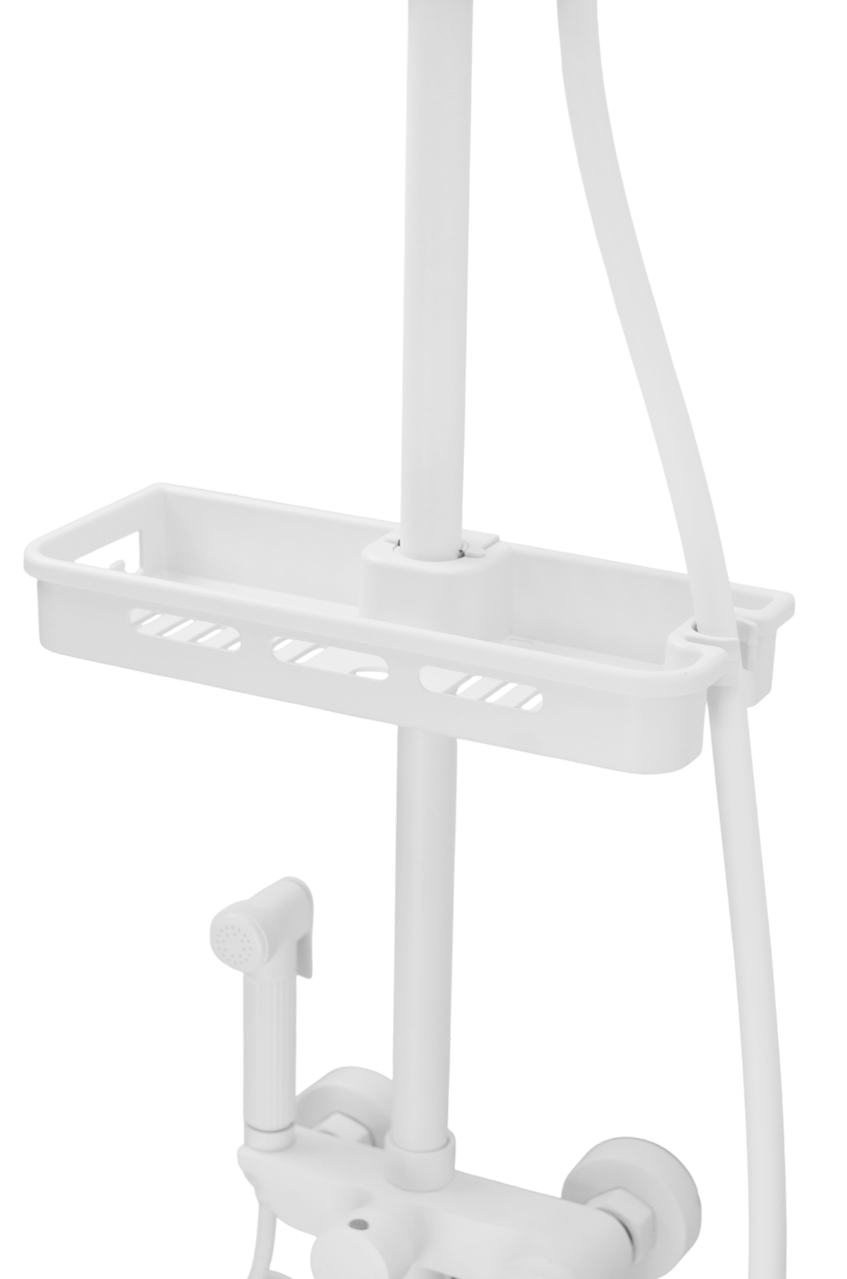 Душевая система SANTREK AQUA-1216 "PRESTIGE" (SAP-1216)  шар. d-35 с верхним душем, смесителем, гигиен лейкой и полочкой (белый)