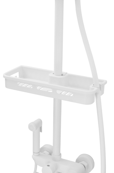 Душевая система SANTREK AQUA-1216 "PRESTIGE" (SAP-1216)  шар. d-35 с верхним душем, смесителем, гигиен лейкой и полочкой (белый)