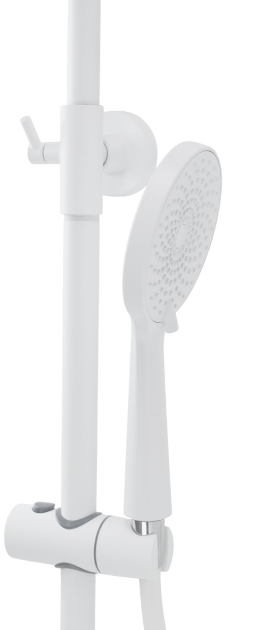 Душевая система SANTREK AQUA-1216 "PRESTIGE" (SAP-1216)  шар. d-35 с верхним душем, смесителем, гигиен лейкой и полочкой (белый)