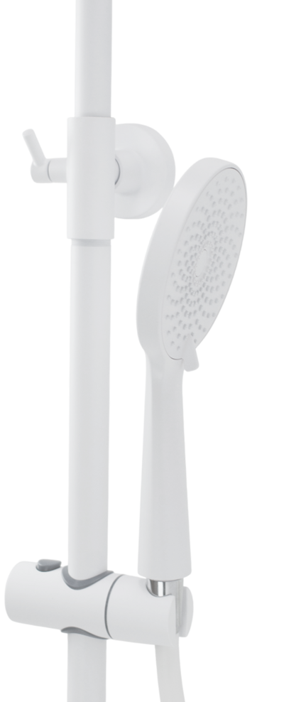 Душевая система SANTREK AQUA-1216 "PRESTIGE" (SAP-1216)  шар. d-35 с верхним душем, смесителем, гигиен лейкой и полочкой (белый)