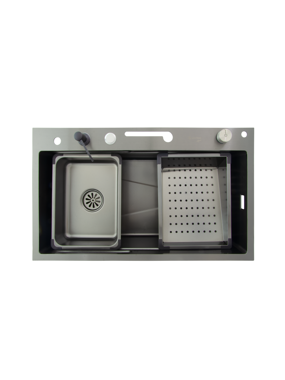 Мойка нерж врезная 750х450х220 т 3,0 ЧЕРНАЯ HB7545FB-W1+6 (+ сифон) SANTREK AQUA + Подарок (4 клав, колл-р, фруктов, доска, 2 смес, ополаск., дозатор)
