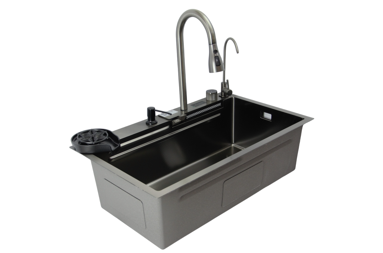 Мойка нерж врезная 750х450х220 т 3,0 ЧЕРНАЯ HB7545FB-W2+6 (+ сифон) SANTREK AQUA + Подарок (2 клав, колл-р, фруктов, доска, 2 смес, ополаск., дозатор)