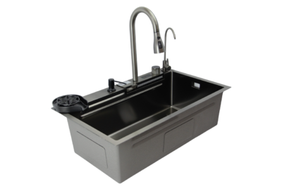 Мойка нерж врезная 750х450х220 т 3,0 ЧЕРНАЯ HB7545FB-W2+6 (+ сифон) SANTREK AQUA + Подарок (2 клав, колл-р, фруктов, доска, 2 смес, ополаск., дозатор)