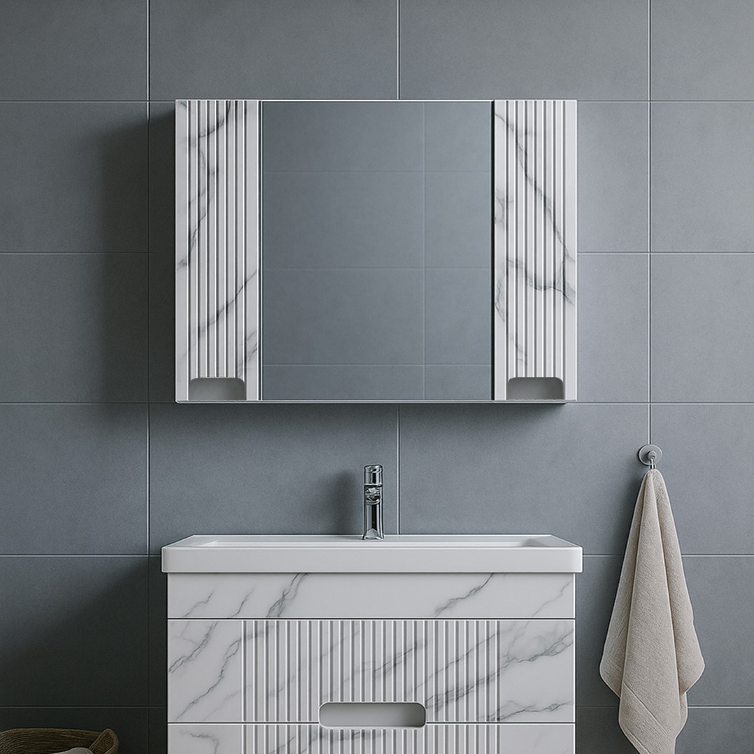 Зеркало-шкаф SANTREK HOME "Беладжио-80" (Белый мрамор) 2 двери 800х668х175