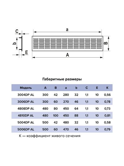 Решетка вентиляционная ERA 3004DP AL переточная 300x42 БЕЛЫЙ