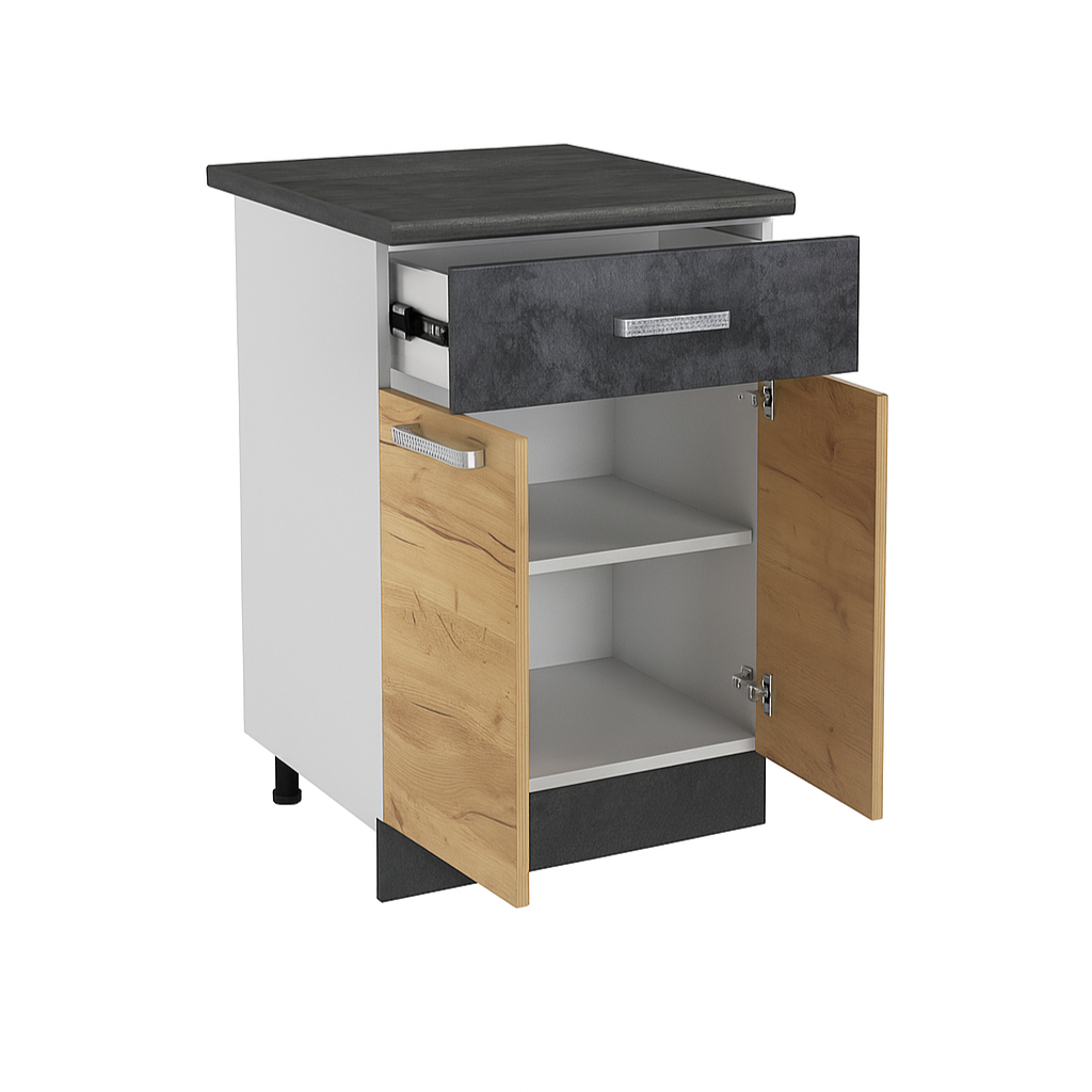 Стол разделочный МУВИ/ЦЕМЕНТ, 1 ящик Н600-1Я Дуб Крафт Золотой/Цемент Темный (810х600х450) Столешница Дуб Обожённый (1190)