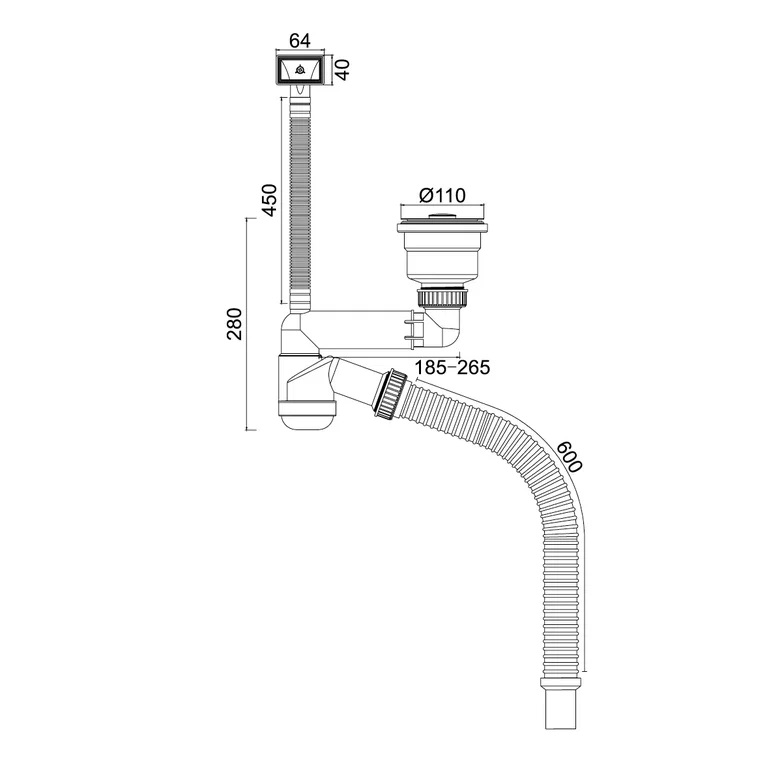 Д-11008У Сифон для кухни с выпуском 3 1/2, смещенный (телескопический), с универсальным переливом, корзиной для мусора и гибкой трубой