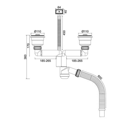 Д-11008У-2 Сифон двойной для кухни с выпуском 3 1/2, смещенный (телескопический), с универсальным переливом, корзиной для мусора и гибкой трубой