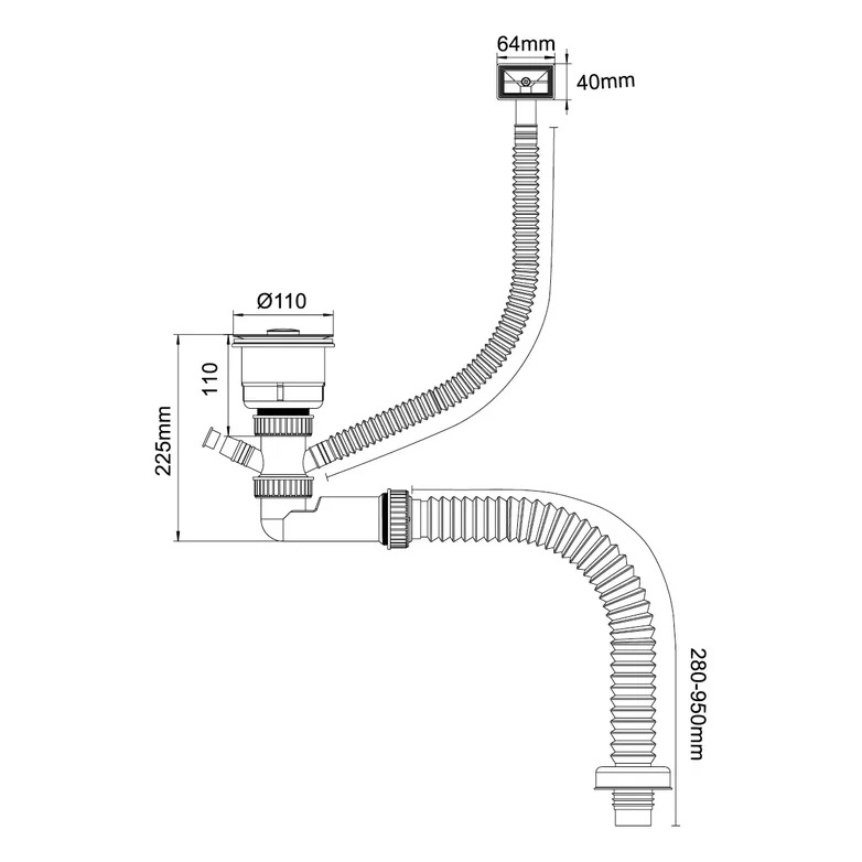 Д-11053У Сифон для кухни с выпуском 3 1/2, сухой затвор, с универсальным переливом, отводом, корзиной для мусора и гибкой трубой