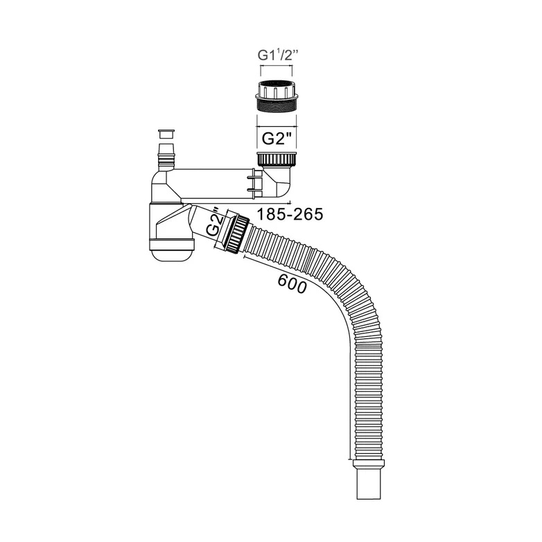 Д-405008 Сифон 1 1/2 / 2 для мойки, без выпуска, смещенный (телескопический), с отводом и гибкой трубой