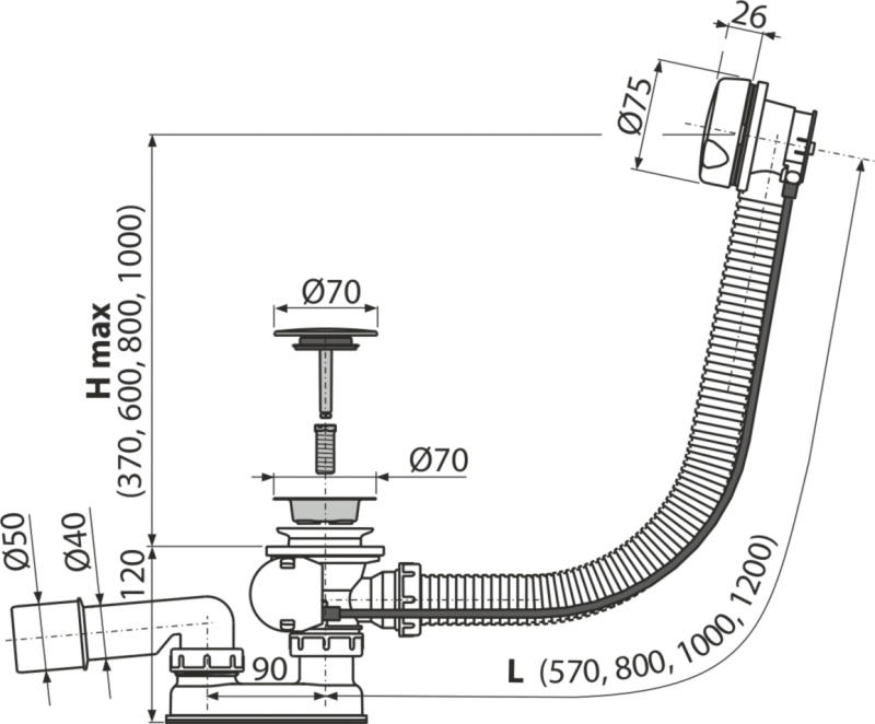 Сифон для ванны (обвязка) ALCAPLAST А51BM автомат 60см белый пластик/пластик