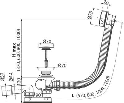 Сифон для ванны (обвязка) ALCAPLAST А51BM автомат 60см белый пластик/пластик