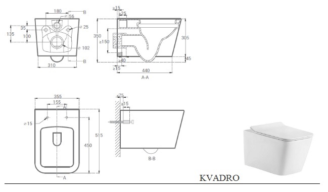 Унитаз подвесной BAS GROUP KVADRO (сиденье дюропласт с микролифтом) УНИ0003