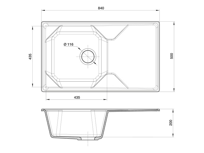 Мойка GRANFEST GF-U--840L чаша+крыло 840*500мм (черный-308)