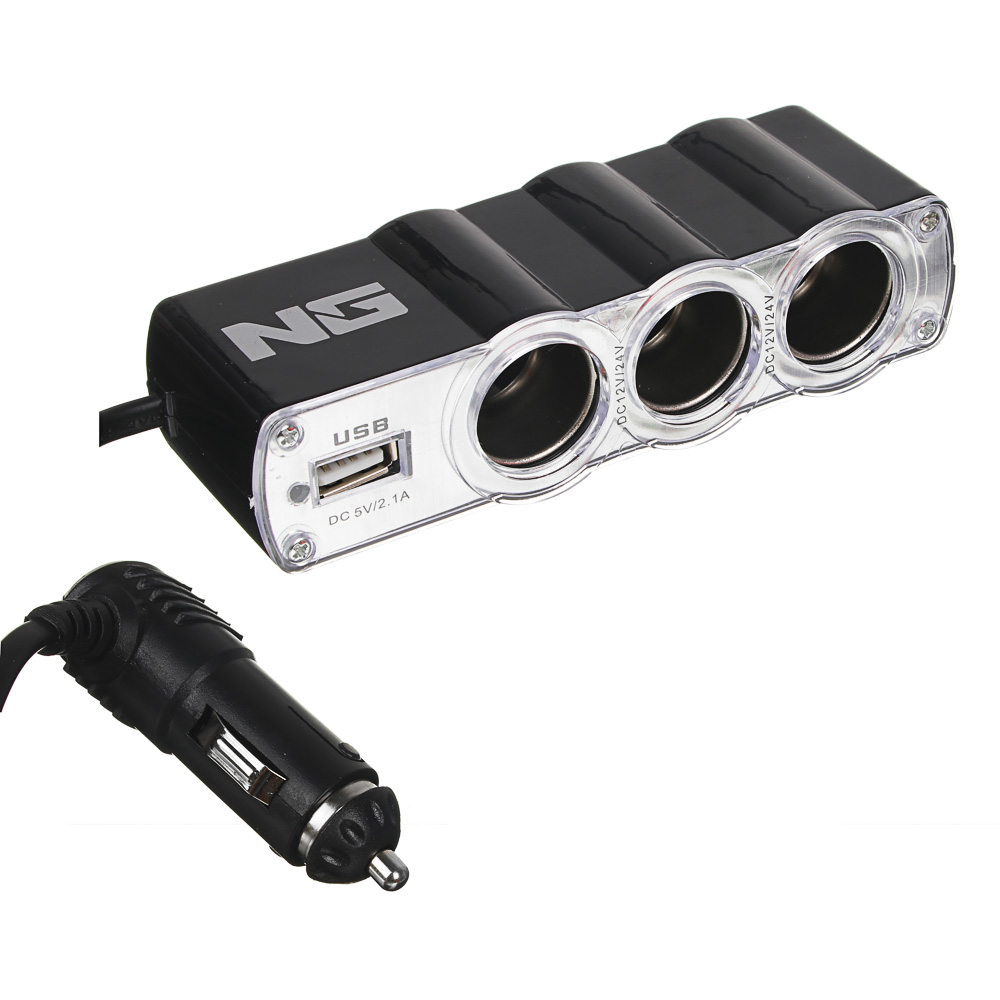Разветвитель прикуривателя, 3 выхода +1 USB, 60 W, 2.1А, 12/24В,  пластик NG 738-019