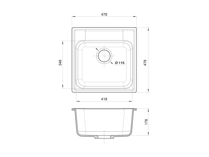 Мойка GRANFEST--QUARZ - 48 1 чаша 480*480 мм (ЧЕРНЫЙ) (без сифона)
