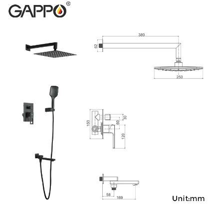 G7117-6 Смеситель Ванна-Душ GAPPO встраиваемый с 3-функциями, излив-переключатель на лейку (черный) 