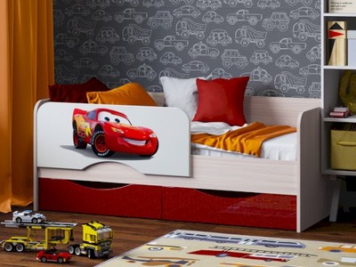 Детская кровать Юниор-12 (1,6м) МДФ с фотопечатью (Тачки/красный мет./ясень шимо св.) (4 места)